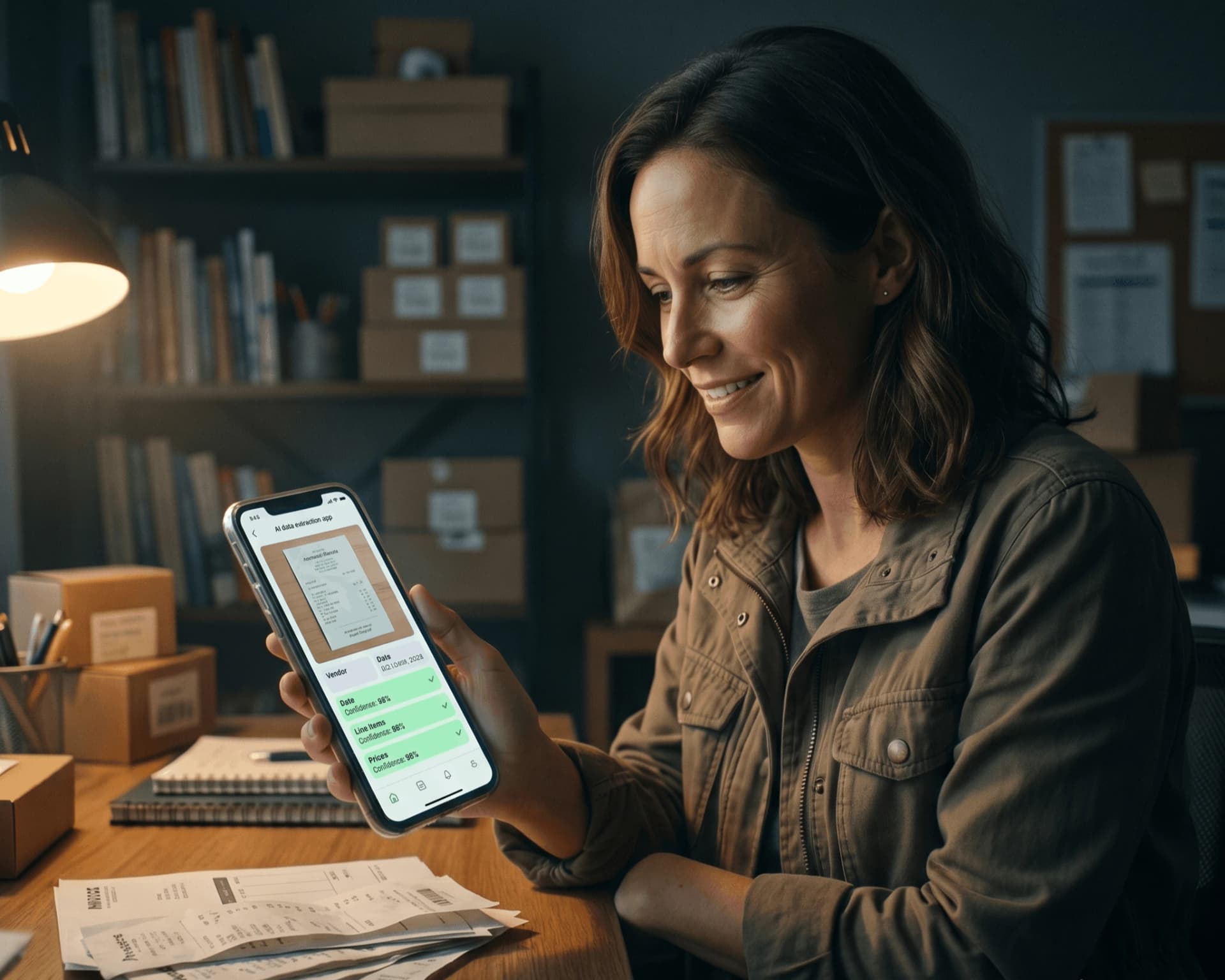 Woman scanning receipt with TRO Matcher app showing AI data extraction with confidence scores