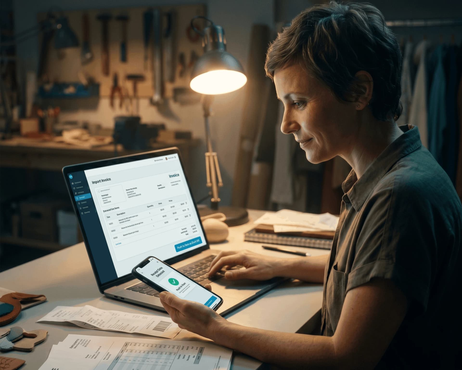 Small business owner importing invoice to Xero with Push to Draft Bill button on laptop and mobile confirmation