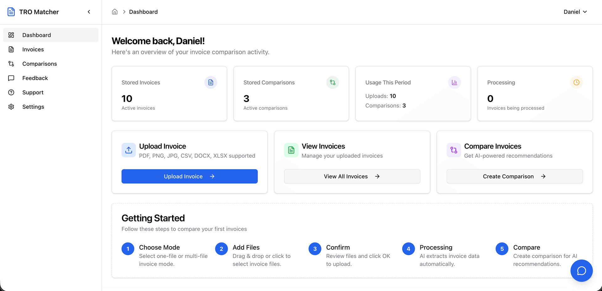 TRO Invoice Matcher dashboard showing invoice list with AI extraction status, comparison options, and usage statistics