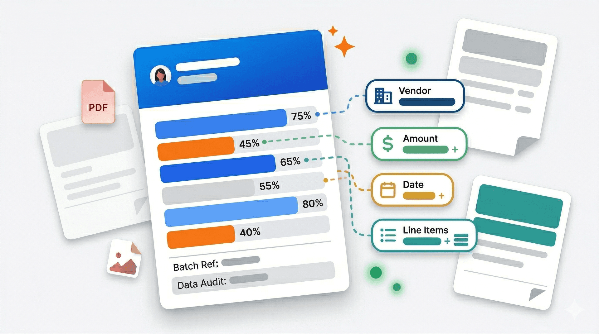 AI invoice processing illustration showing document with data extraction bars and floating chips for vendor, amount, date, and line items with PDF and image format icons