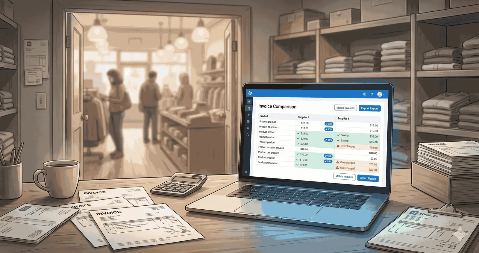 Retail store inventory dashboard with AI-powered wholesale supplier invoice comparison showing pricing discrepancies and cost savings