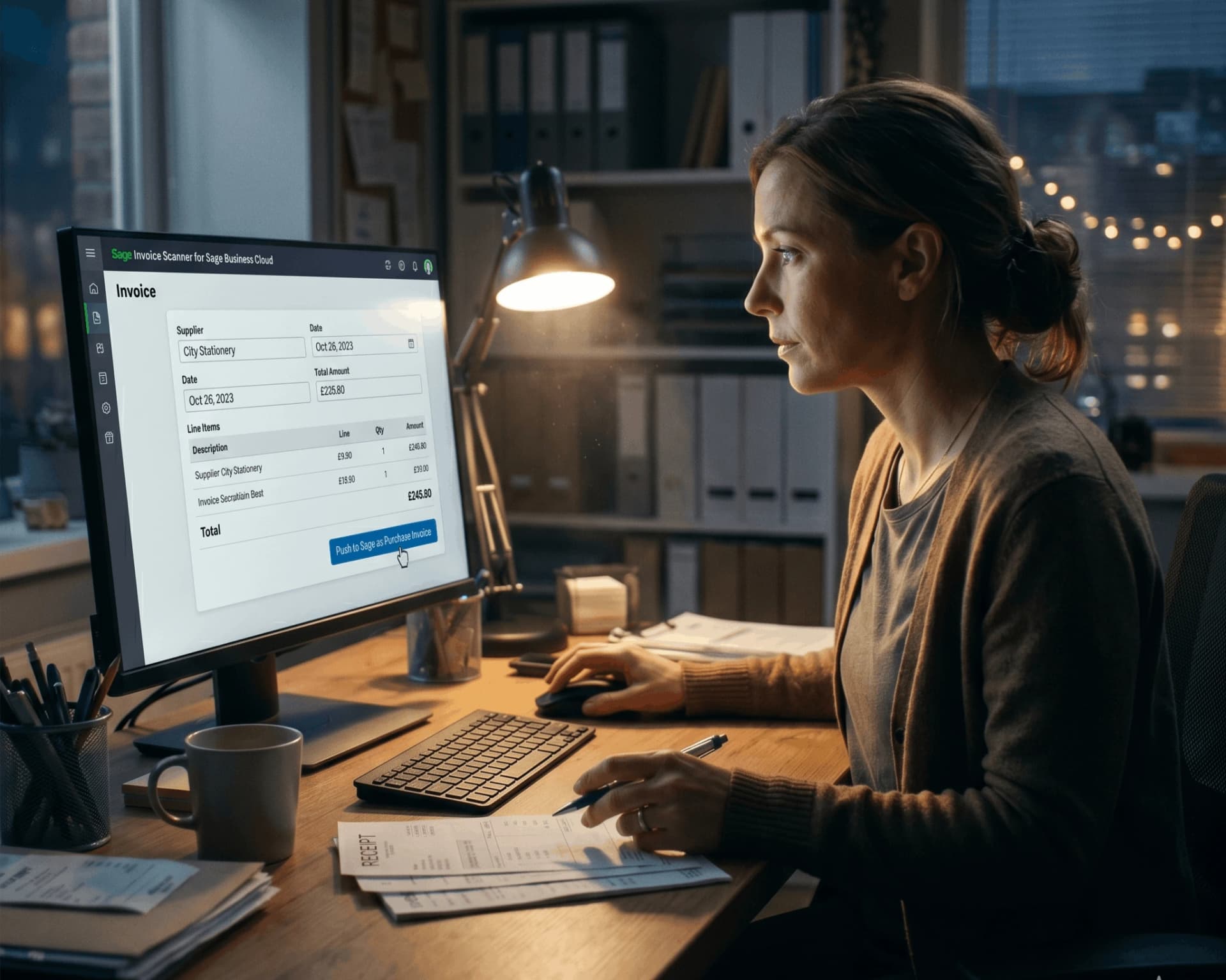 Business owner pushing invoice to Sage Business Cloud with line items and Push to Sage as Purchase Invoice button